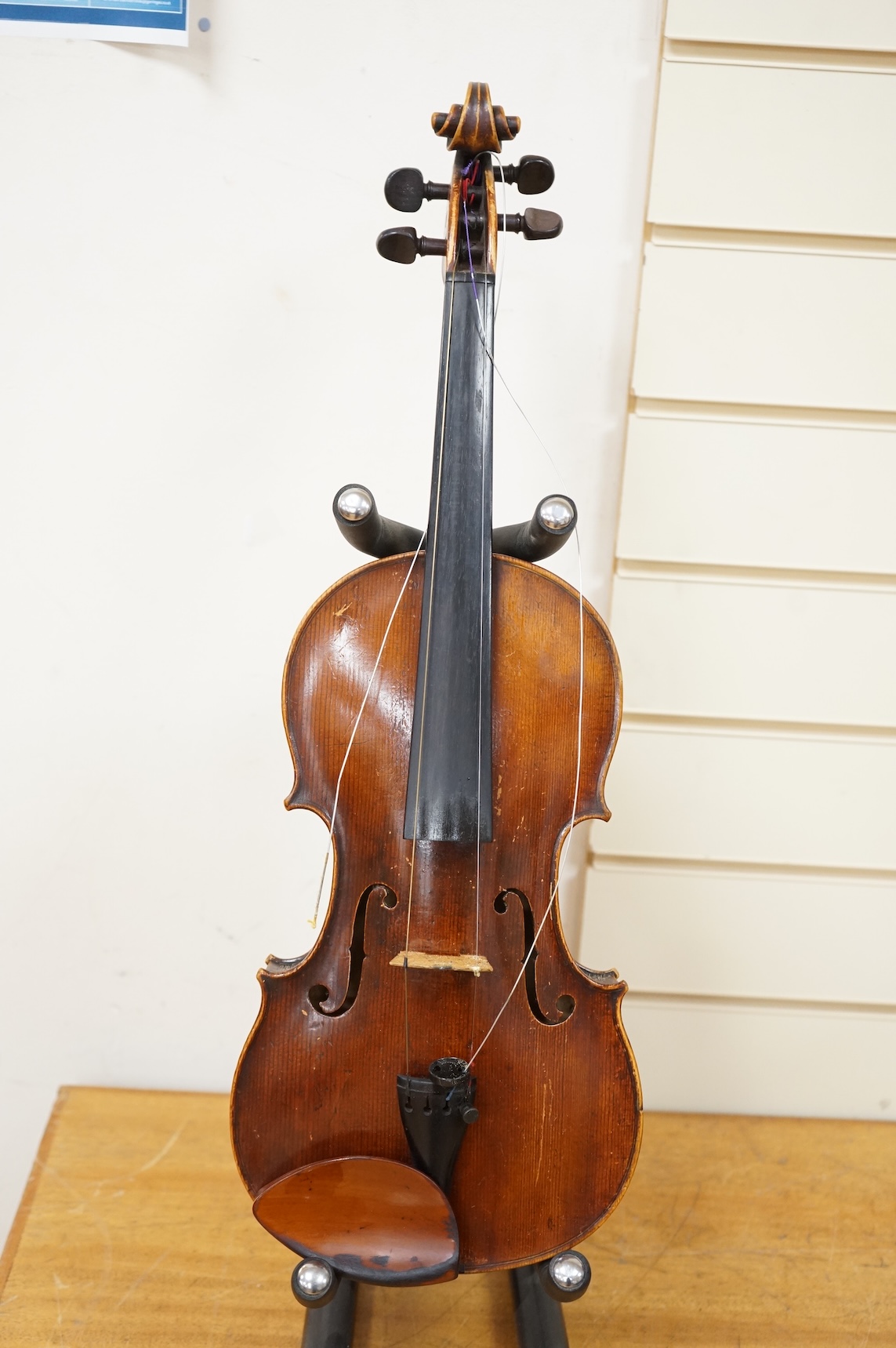 An 18th century violin after Klotz school, 36cm body, with a well cut scroll and an Hill reference number (1191) to the bottom end of the fingerboard, in a Rushworth and Draper case.